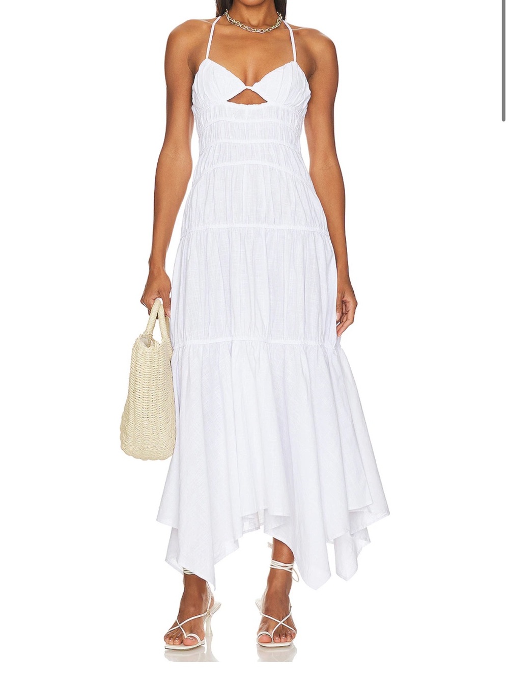 White Spaghetti-Strap Maxi Dress with Handkerchief Hem